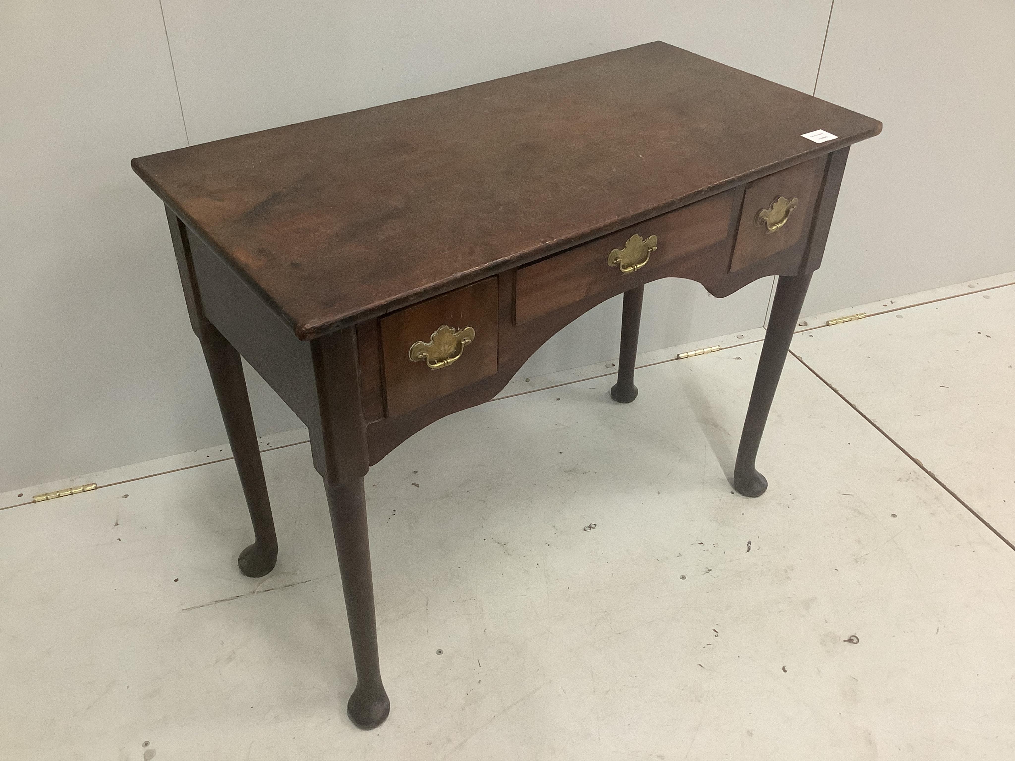 A George III mahogany lowboy, fitted three small drawers, width 90cm, depth 45cm, height 72cm. Condition - fair